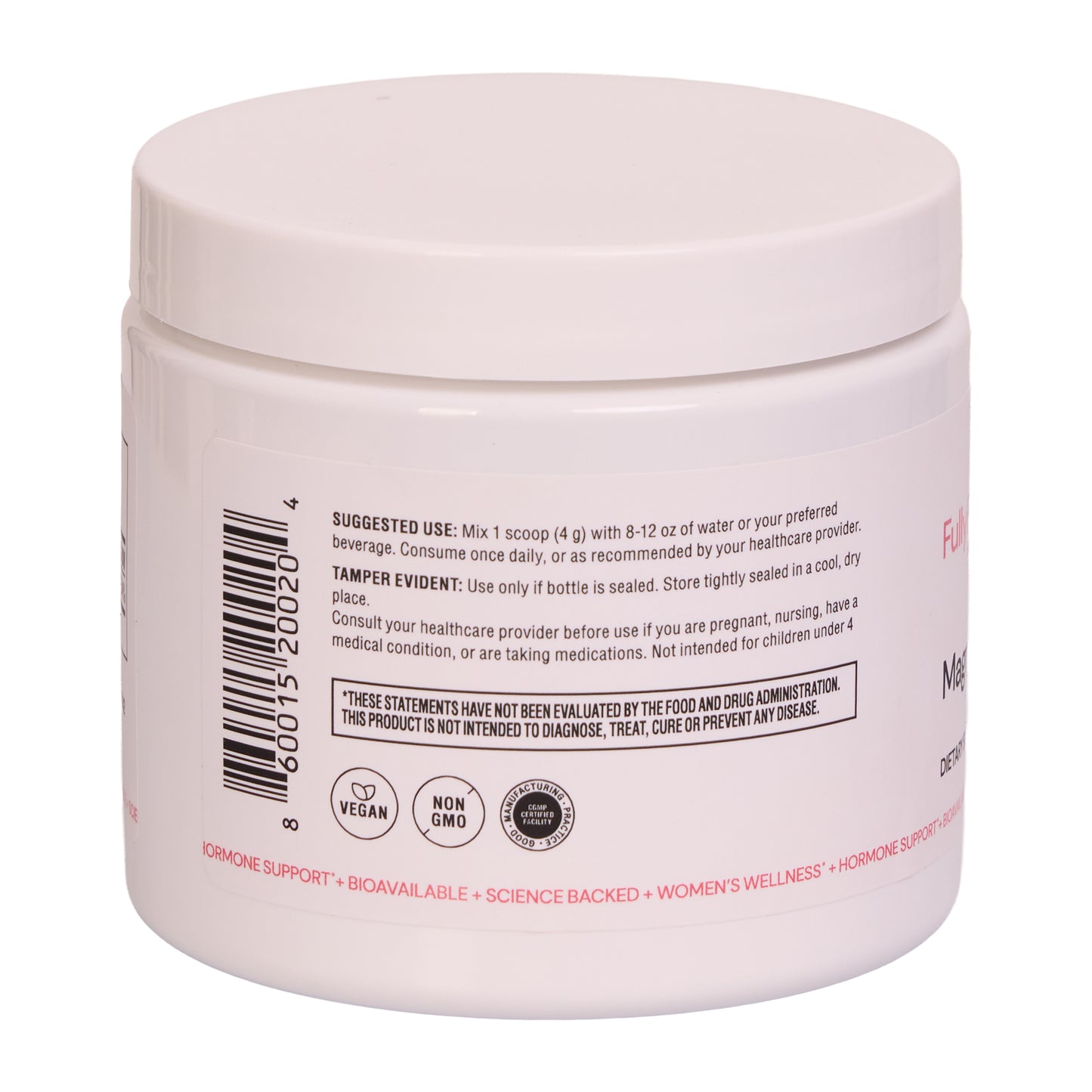 Magnesium Glycinate Powder back label — suggested use, vegan and non-GMO certified, FDA disclaimer