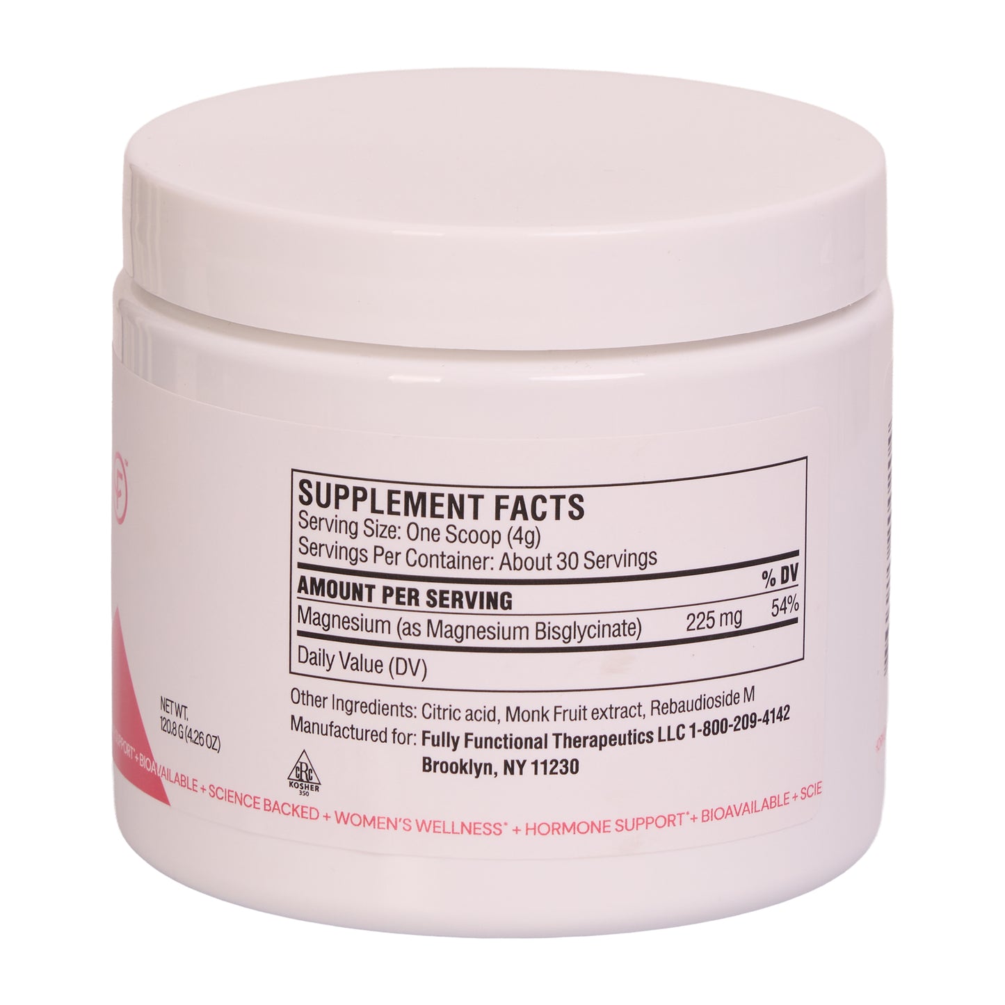 Magnesium Glycinate Powder supplement facts label — 225mg magnesium bisglycinate per serving, 30 servings, clean ingredients