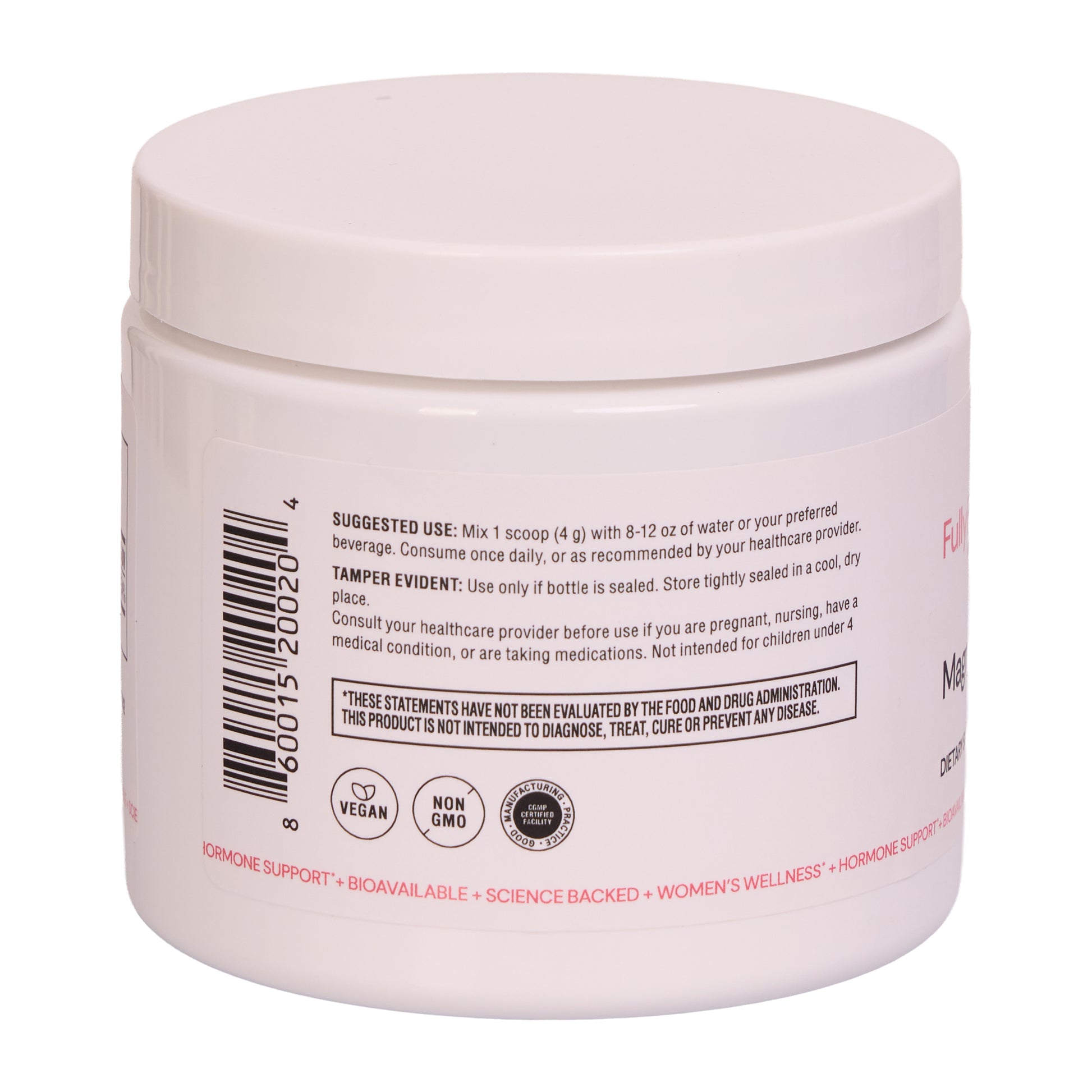 Magnesium Glycinate Powder back label — suggested use, vegan and non-GMO certified, FDA disclaimer